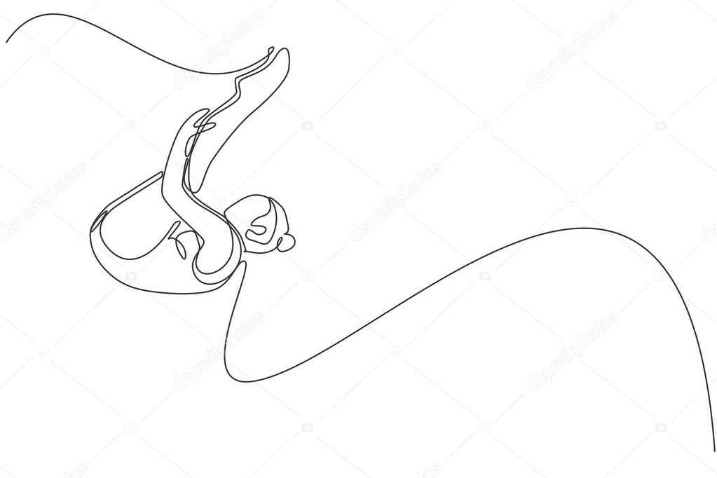 One continuous line drawing of young sporty woman train to tumble and somersault for diving competition preparation. Healthy water sport concept. Dynamic single line draw design vector illustration