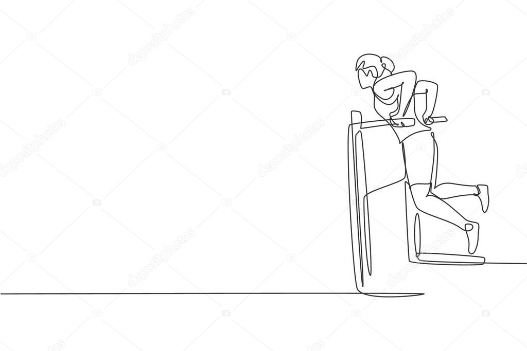 One single line drawing of young energetic woman exercise with parallel bar in gym fitness center graphic vector illustration. Healthy lifestyle sport concept. Modern continuous line draw design