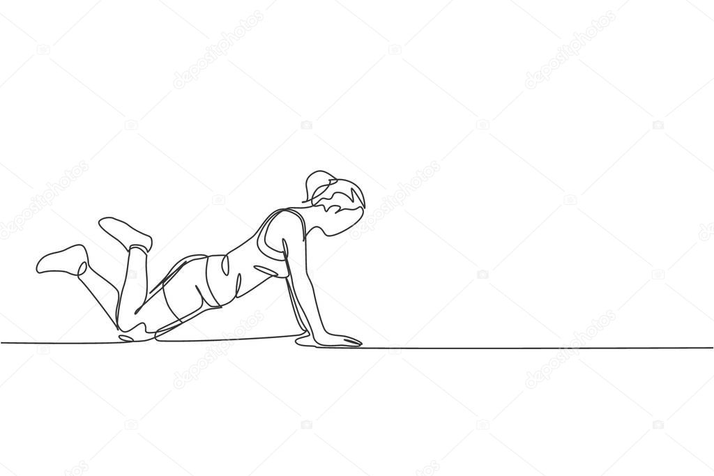 One single line drawing of young energetic woman exercise pilates push up pose in gym fitness center vector illustration graphic. Healthy lifestyle sport concept. Modern continuous line draw design