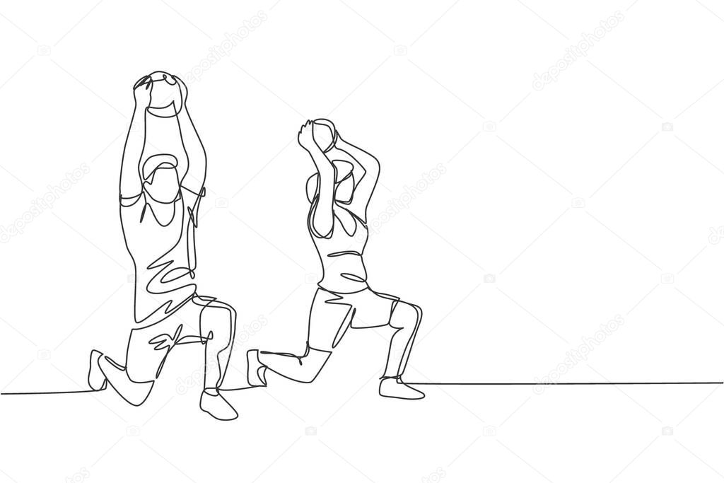 One continuous line drawing of young sporty man and woman working out with weight ball in fitness gym club center. Healthy fitness sport concept. Dynamic single line draw design vector illustration