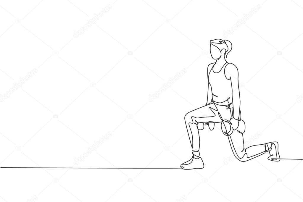 Single continuous line drawing young sportive woman training with lifting dumbbell in sport gymnasium club center. Fitness stretching concept. Trendy one line draw graphic design vector illustration