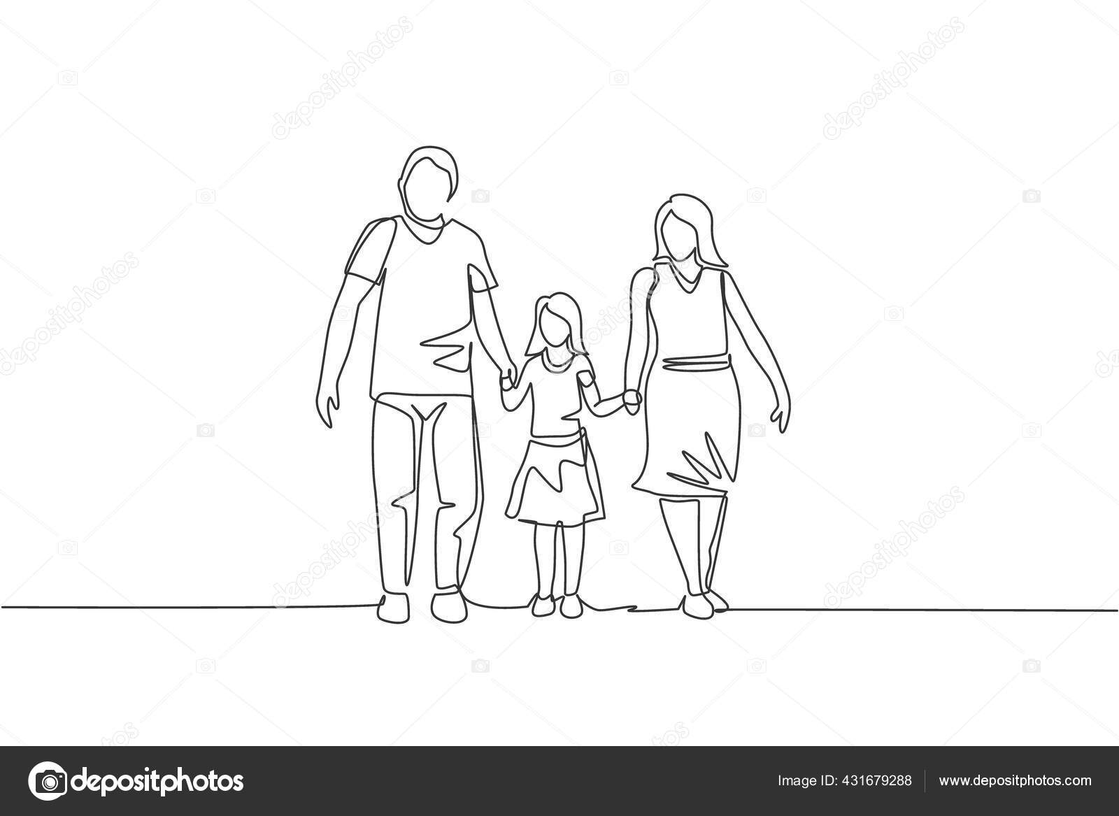 One Continuous Line Drawing Young Happy Mom Dad Lead Daughter