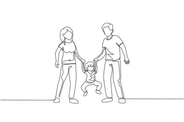 Genç mutlu anne ve babanın sürekli çizdiği çizimler. Kızlarıyla oynuyorlar, evde dans ediyorlar. Aile ebeveynliği konsepti. Dinamik tek çizgi çizimi tasarım vektörü illüstrasyonu