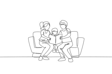 Genç anne ve babanın evdeki kızlarına masal kitabı okurken sürekli çizdikleri tek çizgi. Mutlu aile ebeveynliği kavramı. Bir satır çizimi tasarım vektörü illüstrasyonu