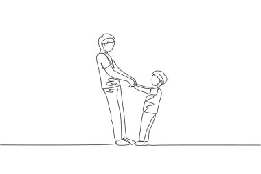 Genç baba ve oğlunun evde el ele tutuşup dans ettiği bir çizgi, aile hayatı. Mutlu ebeveynlik kavramı. Dinamik tek çizgi çizim vektör çizimi grafiği