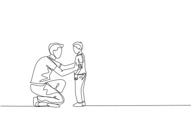 One continuous line drawing of young father giving some wise advice talk to his son at home, family life. Happy parenting concept. Dynamic single line draw graphic design vector illustration clipart