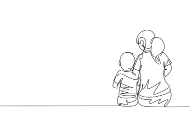 Sürekli bir çizgi, genç anneyi oğluyla evdeki amaç ve yaşam amacı hakkında konuşurken çekiyor. Aile hayatı. Mutlu ebeveynlik kavramı. Dinamik tek çizgi grafik tasarım vektörü illüstrasyonu