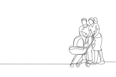 Genç mutlu anne ve babanın çizdiği tek bir çizim bebek arabalarını açık hava parkı grafik çizimi için birleştiriyor. Ebeveynlik eğitimi konsepti. Modern sürekli çizgi çizimi tasarımı