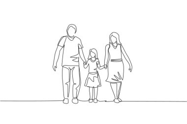 Genç mutlu anne ve babanın sürekli çizdiği çizgiler kızlarını birlikte yürütür. Mutlu ebeveynlik aile kavramı. Dinamik tek çizgi grafik tasarım vektörü illüstrasyonu