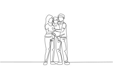 Genç ve mutlu anne ve babaların sevgi dolu kızlarını birlikte taşıdıkları tek bir çizgi. Mutlu aile kavramı. Moda bir çizgi tasarım vektörü grafik çizimi