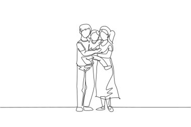 Mutlu anne ve babaların oğullarını sıcakkanlılıkla birlikte taşıdıkları kesintisiz bir çizgi. Mutlu ebeveynlik aile kavramı. Dinamik tek çizgi tasarım grafik vektör çizimi