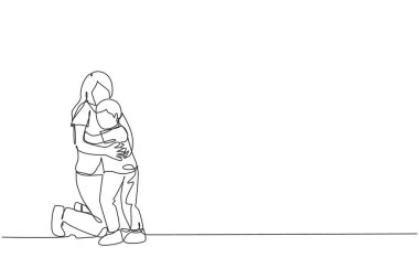 Genç ve mutlu bir annenin okulda sevgi dolu oğluna sarılışının kesintisiz bir çizimi. Mutlu ebeveynlik aile kavramı. Dinamik tek çizgi tasarım grafik vektör çizimi