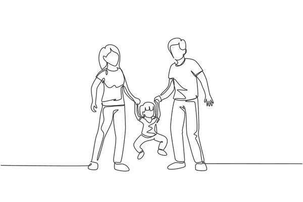 幼い幸せな母親と父親が娘と遊んで 家で持ち上げ スイングするという連続的な線画 子育ての概念 ダイナミックシングルラインドローデザインベクトルイラスト — ストックベクタ