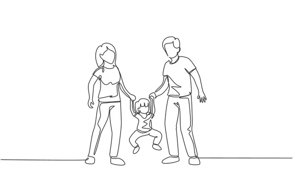 Dessin Continu Jeunes Mères Pères Heureux Jouant Avec Leur Fille — Image vectorielle