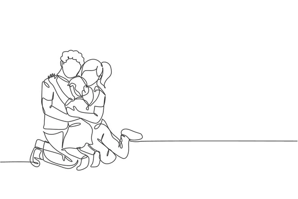 One Continuous Line Drawing Young Happy Mom Dad Hugging Daughter — Stock Vector