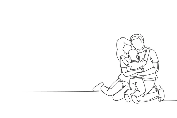 Dibujo Una Sola Línea Continua Madre Feliz Joven Padre Abrazando — Archivo Imágenes Vectoriales