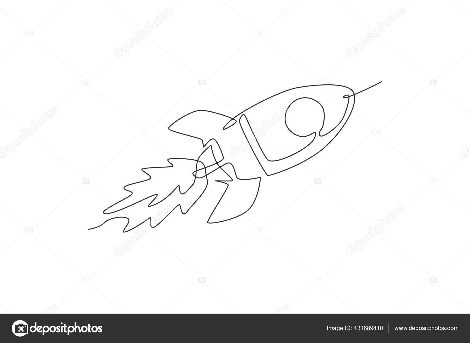One Single Line Drawing Simple Vintage Rocket Takes Outer Space