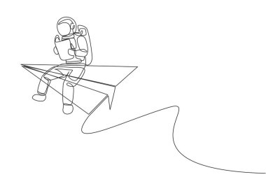 One continuous line drawing of young astronaut sitting on the edge of flying paper plane while reading a book. Cosmic galaxy space concept. Dynamic single line draw design graphic vector illustration vector