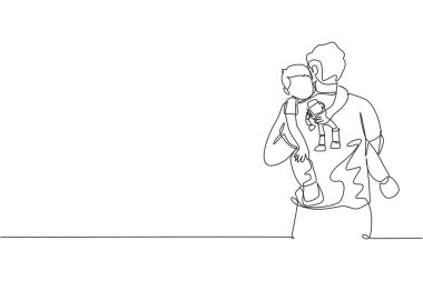 Genç, mutlu babanın, uykulu oğlunu kucaklarken robot oyuncağını tutarken sıcacık sarıldığı tek sıra çizimi. Mutlu aile kavramı. Bir satır tasarım vektörü çizimi grafiği