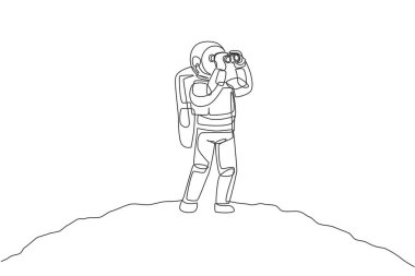 Ay yüzeyindeki grafik çiziminde dürbün kullanarak manzaranın tadını çıkaran genç mutlu astronotun tek bir çizimi. Kozmonot uzay konsepti. Modern sürekli çizgi çizimi tasarımı