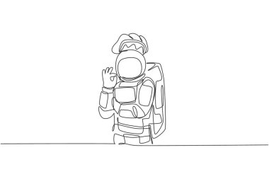 Genç astronot şefin lezzetli yemekler için lezzetli el hareketleri yaptığı kesintisiz bir çizim. Restoran konsepti üzerine sağlıklı yemek menüsü. Dinamik tek çizgi çizimi tasarım vektörü illüstrasyonu