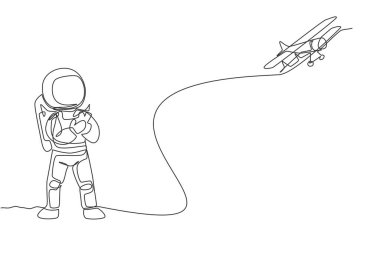 Astronot 'un uydu karası grafik çiziminde radyo kumandası oynadığı tek bir çizgi çizimi. Derin uzay konseptinde boş zaman geçirirken hobi yapıyorum. Modern sürekli çizgi çizimi tasarımı