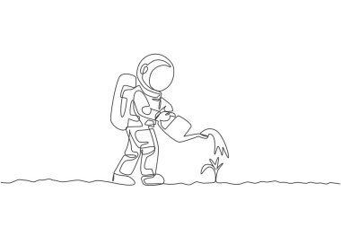 Ayın yüzeyindeki metal sulama tenekesini kullanarak bitkileri sulayan uzay adamlarının sürekli çizdiği bir çizgi. Derin uzay çiftçiliği astronot konsepti. Dinamik tek çizgi grafik tasarım vektörü illüstrasyonu