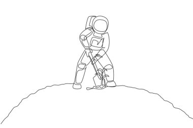 Kozmonotun ay yüzeyindeki metal kürekleri kullanarak toprağı kazdığı tek bir çizgi. Galaksi astronot çiftçiliği yaşam konsepti. Bir satır tasarım grafik vektör illüstrasyonu