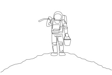 Kozmonotun ay yüzeyinde dururken omzunda kova ve çapa taşıdığı tek bir çizgi. Galaksi astronot çiftçiliği yaşam konsepti. Bir satır çizimi tasarım vektörü illüstrasyonu