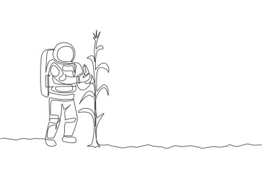 Uzay adamının ay yüzeyindeki bitkilerden tatlı mısır topladığı kesintisiz bir çizgi. Derin uzay çiftçiliği astronot konsepti. Dinamik tek çizgi grafik tasarım vektörü illüstrasyonu