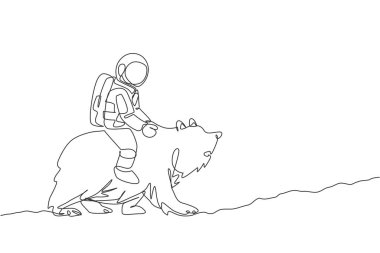 Uzay giysisi giyen kozmonotun sürekli çizdiği tek çizgi ayı, Ay yüzeyinde vahşi bir hayvan. Fantezi astronot safari yolculuğu konsepti. Bir satır tasarım grafik vektör illüstrasyonu