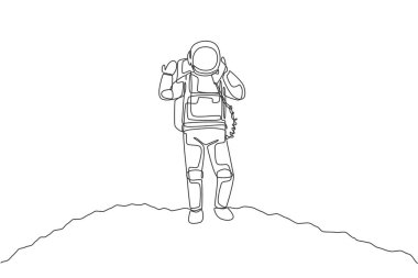 Ay yüzeyindeki tek bir astronot hattı uydu telefonundan arıyor. Galaksi uzay kavramına sahip bir iş ofisi. Bir satır grafiksel tasarım vektörü çizimi