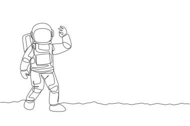 Kozmonot çizen tek bir çizgi parmaklarıyla Ay yüzeyindeki grafik çizimlerini onaylıyor. Uzay kavramı olan bir astronot ofisi. Modern sürekli çizgi çizimi tasarımı