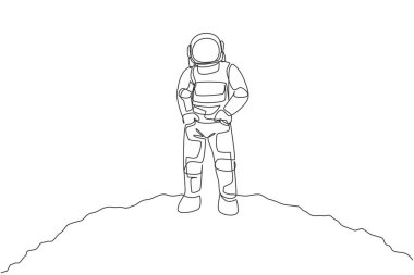 Uzay giysisindeki genç uzay adamının aralıksız çizdiği bir çizgi ay yüzeyindeki cepleri doldurdu. Derin uzay kavramına sahip astronot iş ofisi. Dinamik tek çizgi çizimi tasarım vektörü illüstrasyonu