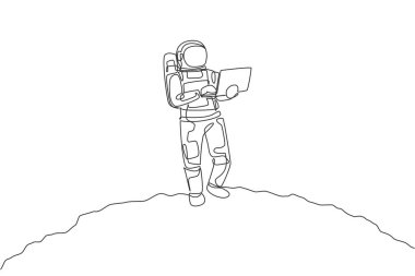 Ay yüzeyinde dizüstü bilgisayarla yazarken astronotların durduğu tek bir çizgi. Galaksi uzay kavramına sahip bir iş ofisi. Bir satır tasarım grafik vektör illüstrasyonu