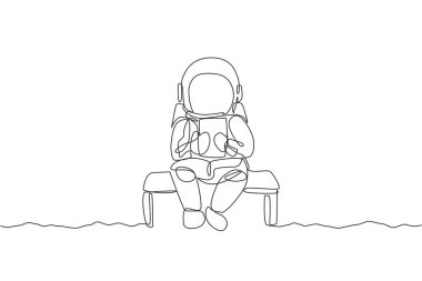 Astronot çizimlerinin kesintisiz tek çizimi tablet telefonda haber okurken koltukta rahatlamak. Galaksi uzay kavramına sahip bir iş ofisi. Bir satır çizimi tasarım vektörü illüstrasyonu