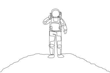 Kozmonot 'un uydu yüzey vektör illüstrasyonunda eşini ararken çekilmiş tek bir çizim. Uzay kavramı olan bir astronot ofisi. Modern sürekli çizgi çizimi tasarımı