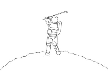 Astronot golf eğitiminin ay yüzeyinde, derin uzay galaksisinde sürekli çizilmiş bir çizimi. Spaceman sağlıklı spor konsepti. Dinamik tek çizgi tasarım vektörü grafik çizimi