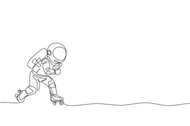 Ayın yüzeyinde, derin uzay galaksisinde paten kullanan bir astronot çizgisi. Spaceman sağlıklı spor konsepti. Dinamik tek çizgi tasarım vektörü grafik çizimi