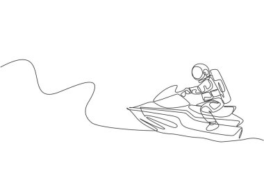 Astronot egzersiz jetski 'sinin Ay yüzeyinde, uzayın derinliklerinde sürekli çizdiği tek çizgi. Uzay astronomisi galaksi sporu konsepti. Bir satır grafiksel tasarım vektörü çizimi