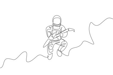 Uzay giysisiyle galaksi evreninde elektro gitar çalan bir astronot çizimi. Dış uzay müzik konsepti. Dinamik tek çizgi grafik tasarım vektörü illüstrasyonu