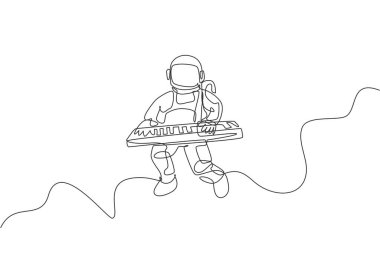Single continuous line drawing of astronaut keyboardist playing keyboard musical instrument in cosmic galaxy. Deep space music concert concept. Trendy one line draw graphic design vector illustration clipart