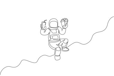 Astronot çizimleri evrende uçarken elinde meşrubat ve patates kızartması vektör çizimi tutarken çizilmiş. Fantezi uzay yaşam konsepti. Modern sürekli çizgi çizimi tasarımı