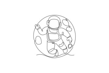 Dolunayda uçan uzay yürüyüşündeki yüzen bilim astronotunun sürekli çizdiği tek çizgi. Fantezi derin uzay keşfi, kurgu konsepti. Bir satır çizimi tasarım vektörü illüstrasyonu