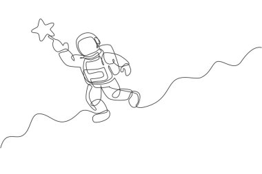 Uzayı keşfeden kozmonotların kesintisiz çizimleri. Astronot uçan yıldıza ulaşıyor. Fantezi kozmik galaksi keşfi. Dinamik tek çizgi grafik tasarım vektörü illüstrasyonu