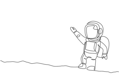 Genç astronot bilim adamının uzayı retro tarzında keşfettiği kesintisiz bir çizgi. Uzay adamı kozmos keşfi konsepti. Dinamik tek çizgi grafik tasarım vektörü illüstrasyonu
