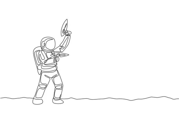 Jeden Ciągły Rysunek Linii Młodych Astronautów Strzelać Pomocą Kosmicznego Pistoletu — Wektor stockowy