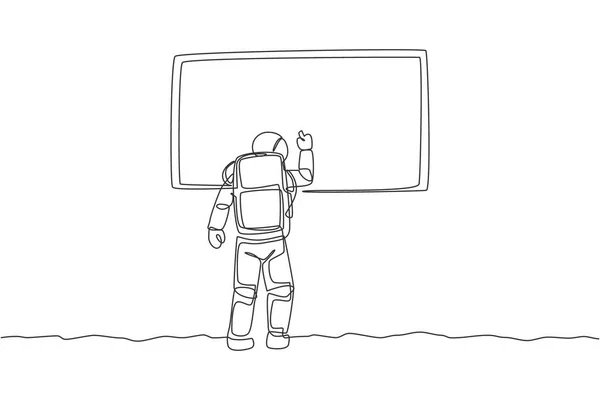 一张年轻宇航员在白板上书写的单行绘图 教一些学生用月球表面图形矢量图解 宇航员深空的概念 现代连续线条绘图设计 — 图库矢量图片