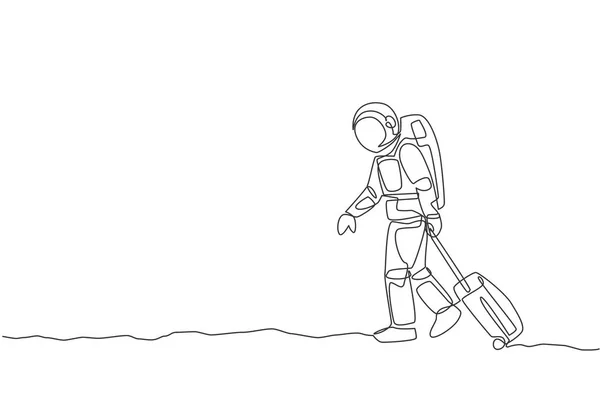 月面の空港から歩いている間にスーツケースを引っ張る若い宇宙飛行士を引く単列連続線 宇宙人宇宙銀河の概念 トレンディーな1行の描画デザイングラフィックベクトルイラスト — ストックベクタ