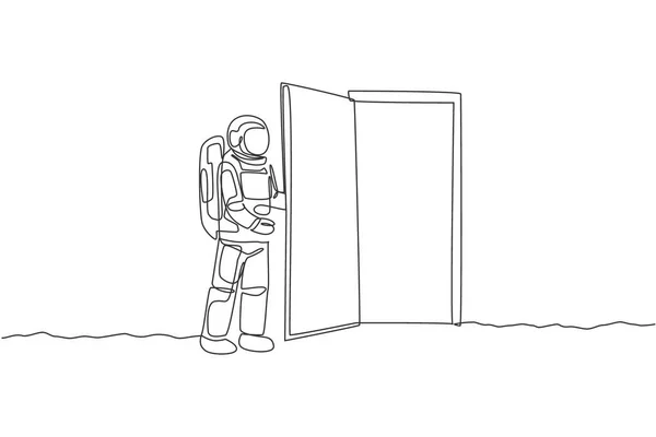 Una Línea Continua Dibujo Del Joven Astronauta Abriendo Puerta Puerta — Archivo Imágenes Vectoriales